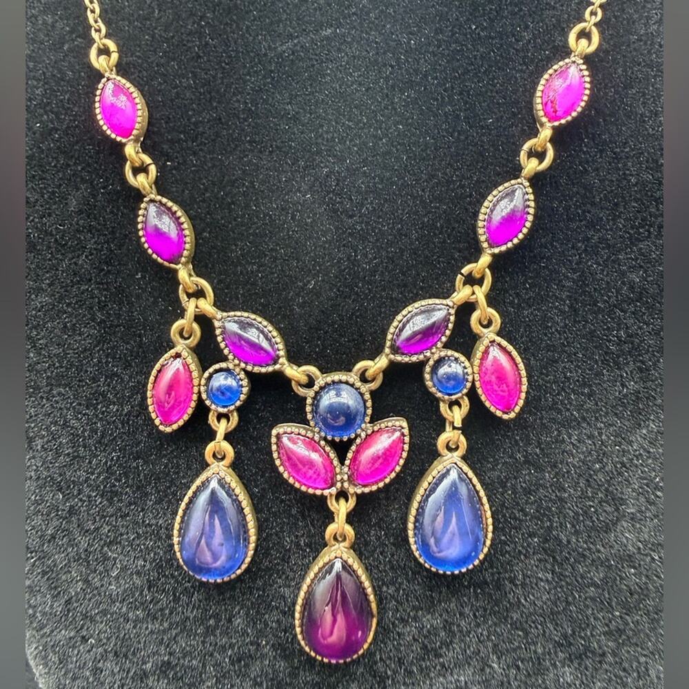 Vintage Signed SAO Gold-Tone Necklace with Pink and Blue Teardrop Accents